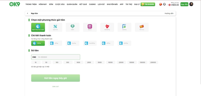 Hình thức nạp tiền OK9 qua ngân hàng